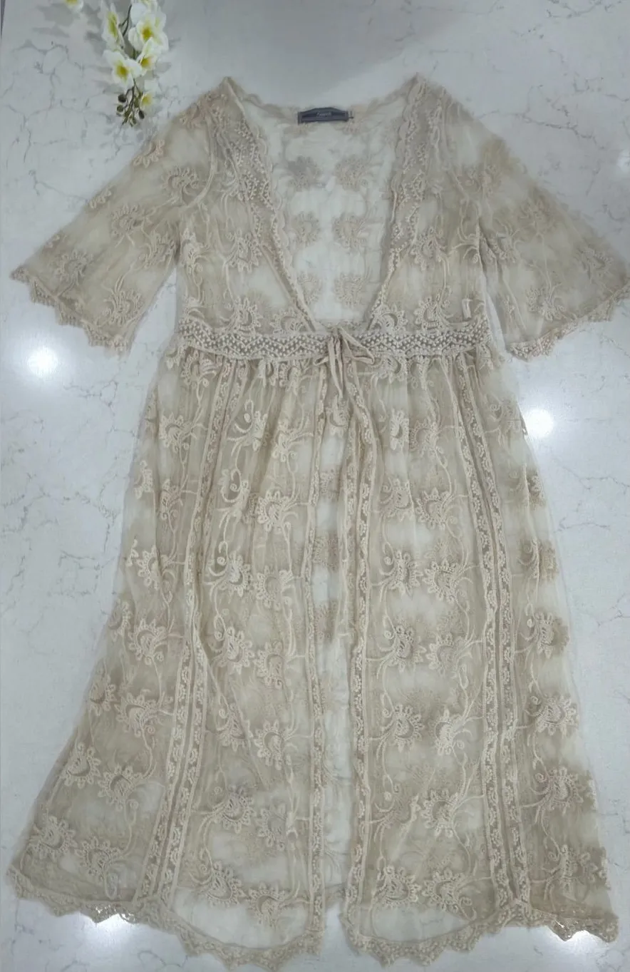 Beige Lace Swim Coverup Kimono