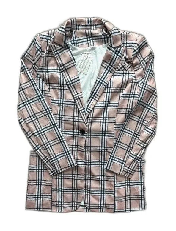 NWT Boutique Plaid Blazer Jacket Women Large Beige Tartan Single Button Workwear Tan