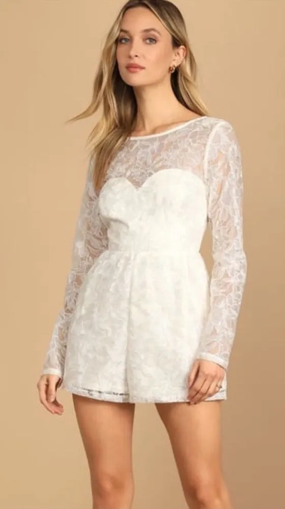 Lulus My Clarity Ivory Mesh Floral Embroidered Romper Bridal Size Medium Lace