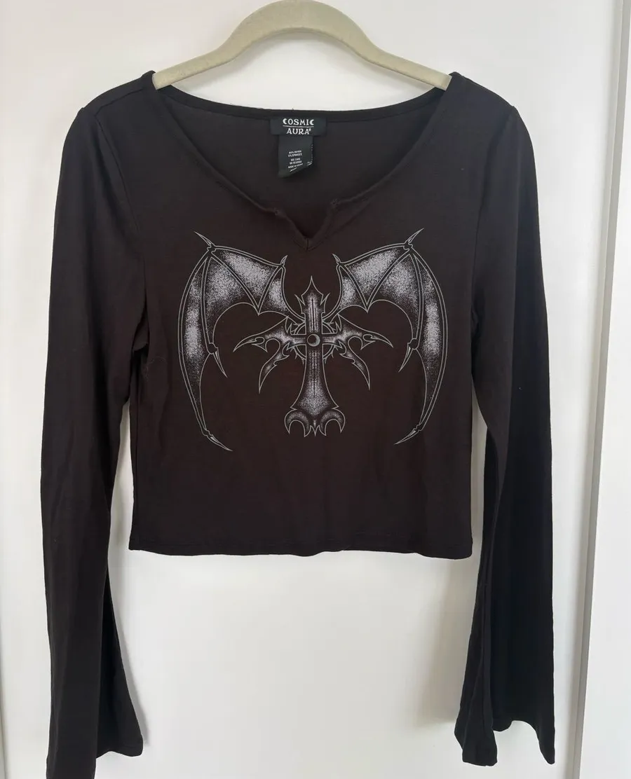 Cosmic Aura Black Gothic Bat Cross Bell Sleeve Crop Top Y2K size medium