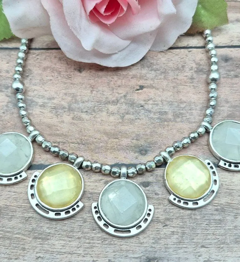 Lucky Brand Boho Beaded Silver Tone Collar Bib Necklace Yellow & White 20" Adj.