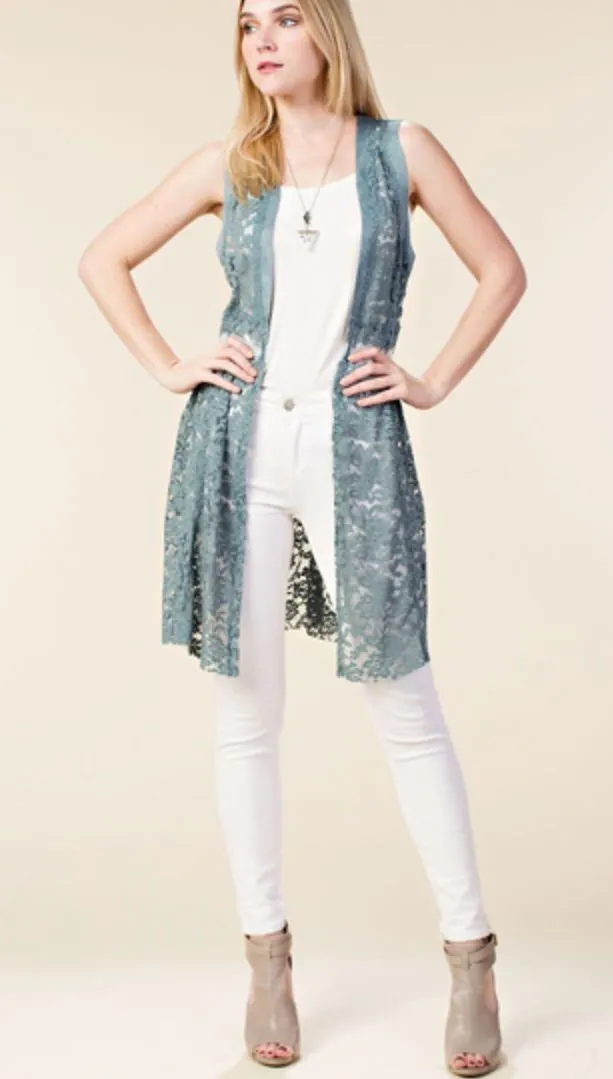 Vocal Apparel Lace Sleeveless Duster Long Vest