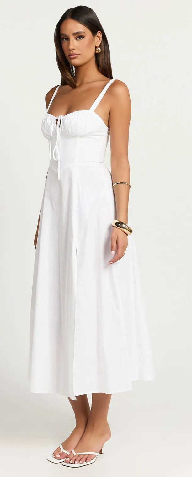 New Showpo MAIYA Midi Dress Tie Front Fitted Bodice Dress In White Size 4