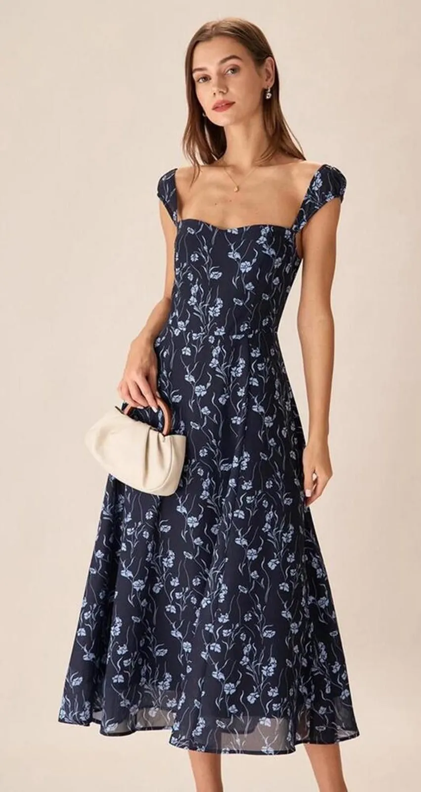 RIHOAS Navy Floral Sweetheart Neck Midi Dress Blue