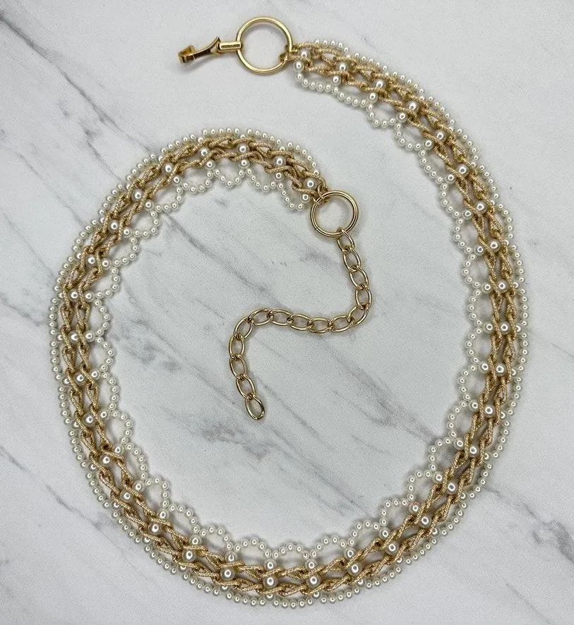 Faux Pearl Beaded Gold Tone Chain Link Belt Small (S) Bridal Coquette ✨
