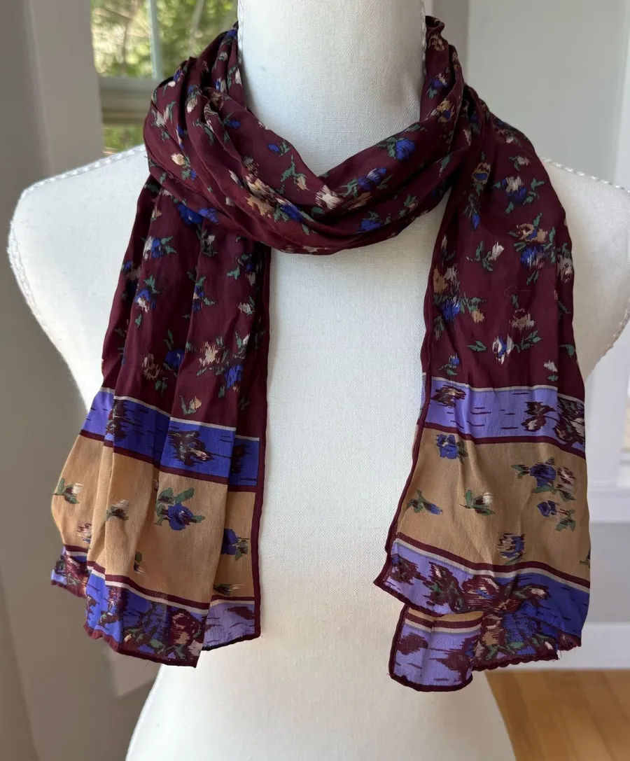 Vintage Burgundy Floral Border Rectangular Scarf with Purple & Tan Accents Red