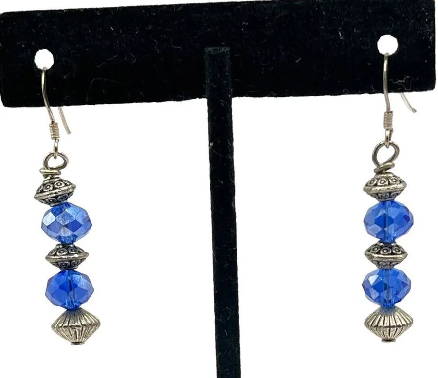 Handmade 925 Sterling Silver Hook Bead Drop Earrings Blue Saphire Glass Crystal
