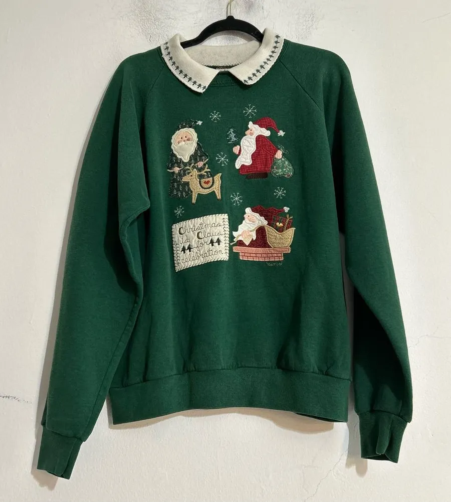 90s Folk Art Applique Embroidered Santa Claus Christmas Collared Green Sweater Size L
