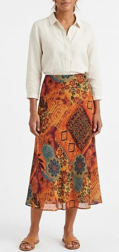 Coldwater Creek Orange Floral Patchwork Midi Skirt