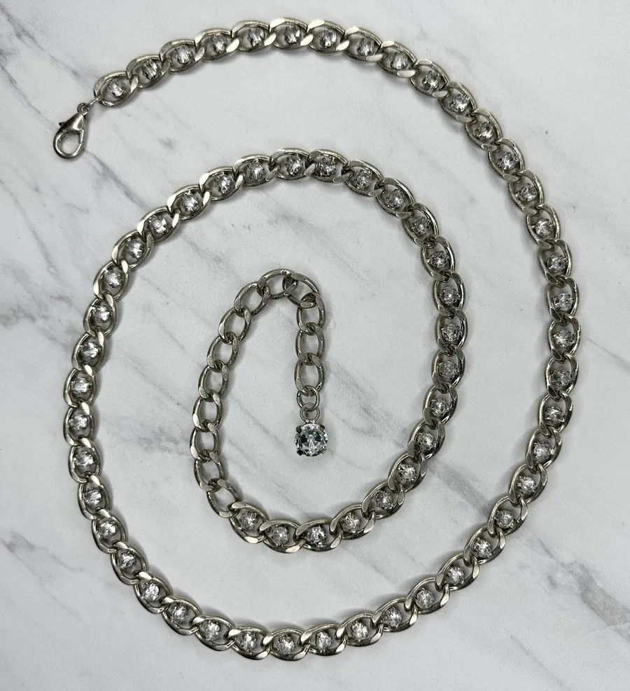 Rhinestone Silver Tone Chain Link Belt Womens Size Large L XL ✨