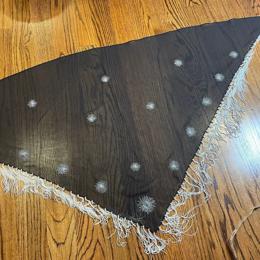 1990s Vintage Black Sheer Starburst Embroidered Fringe Shawl Wrap Beach Skirt