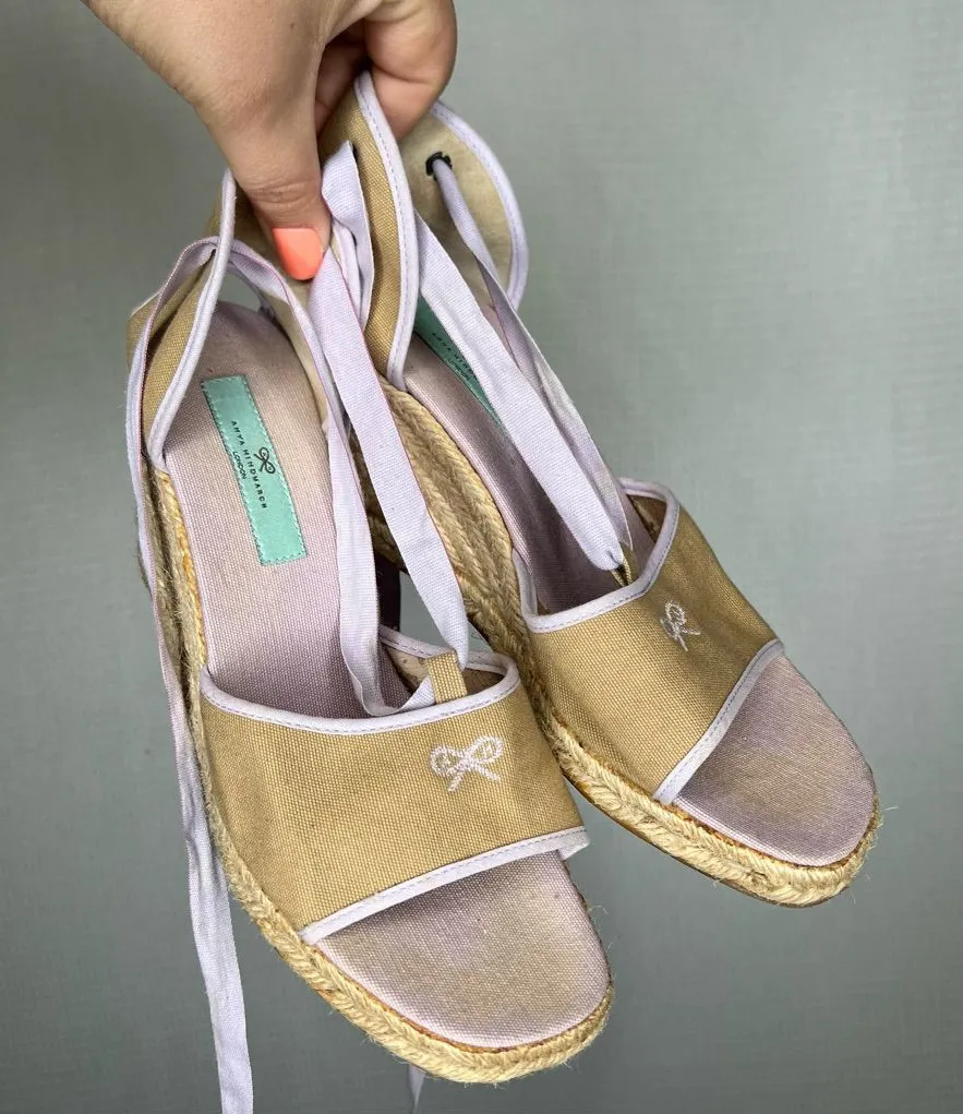 Anya Hindmarch | Canvas Wedge Tan and Purple Espadrille Shoes Ankle Ties Bow 8