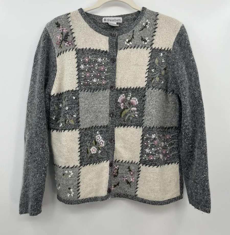 Women's Cardigan Sweater Patchwork Floral Silk Cottagecore L Grey