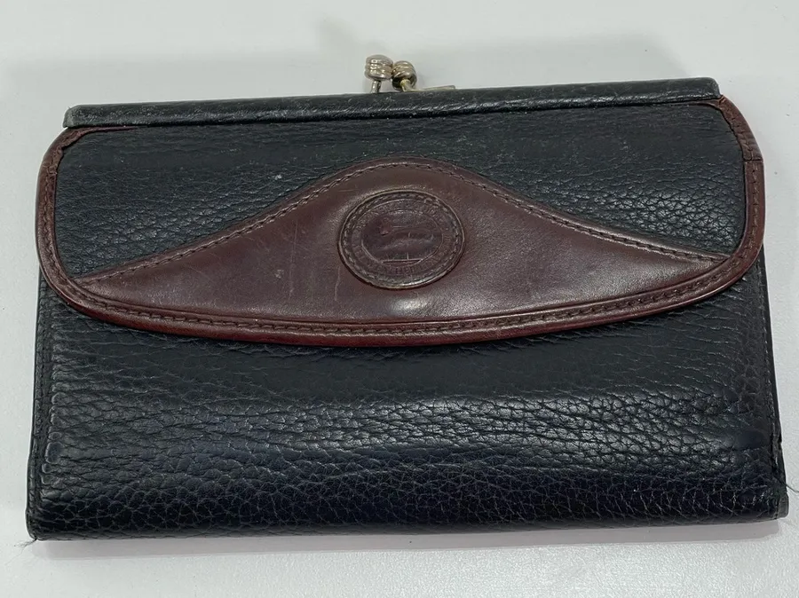 Vtg Dooney & Bourke AWL Black Pebbled Leather Kiss-lock Bifold Organizer Wallet