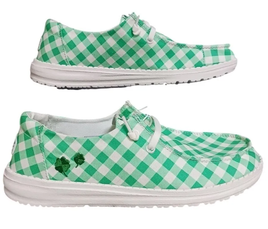 Hey Dude Wendy Shamrock Gingham Women W10 Green Excellence St. Patrick's Day
