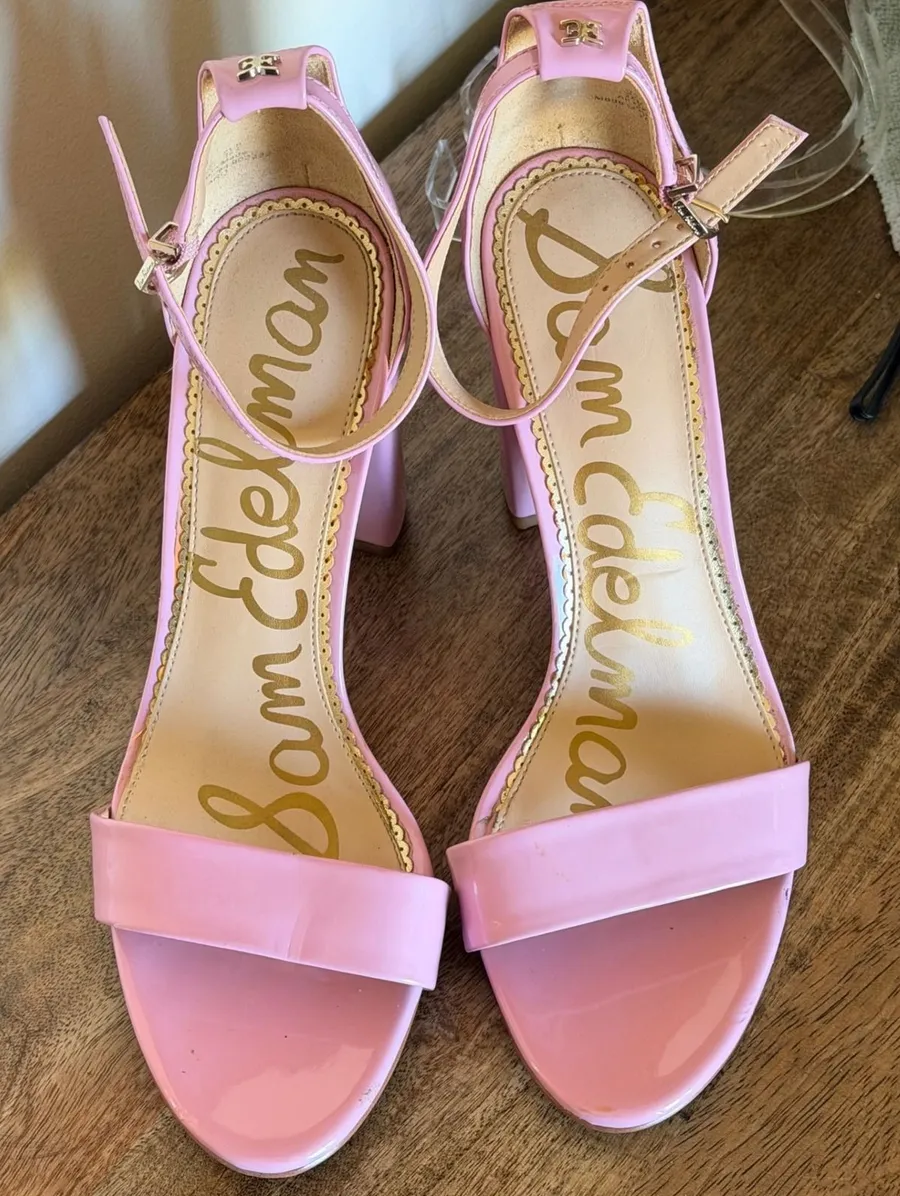 Sam Edelman Yaro Sandals Women 9.5 Pink Patent Block Heel Ankle Strap Barbiecore