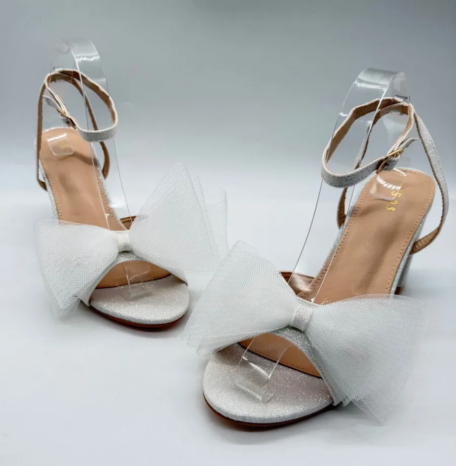 White Glitter Block Heel Sandals with Oversized Tulle Bow Ankle Strap Size 9.5