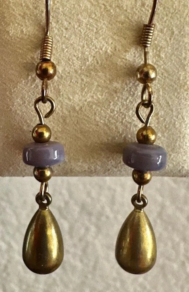 Artisan Brass & Lavender Glass Drop Earrings