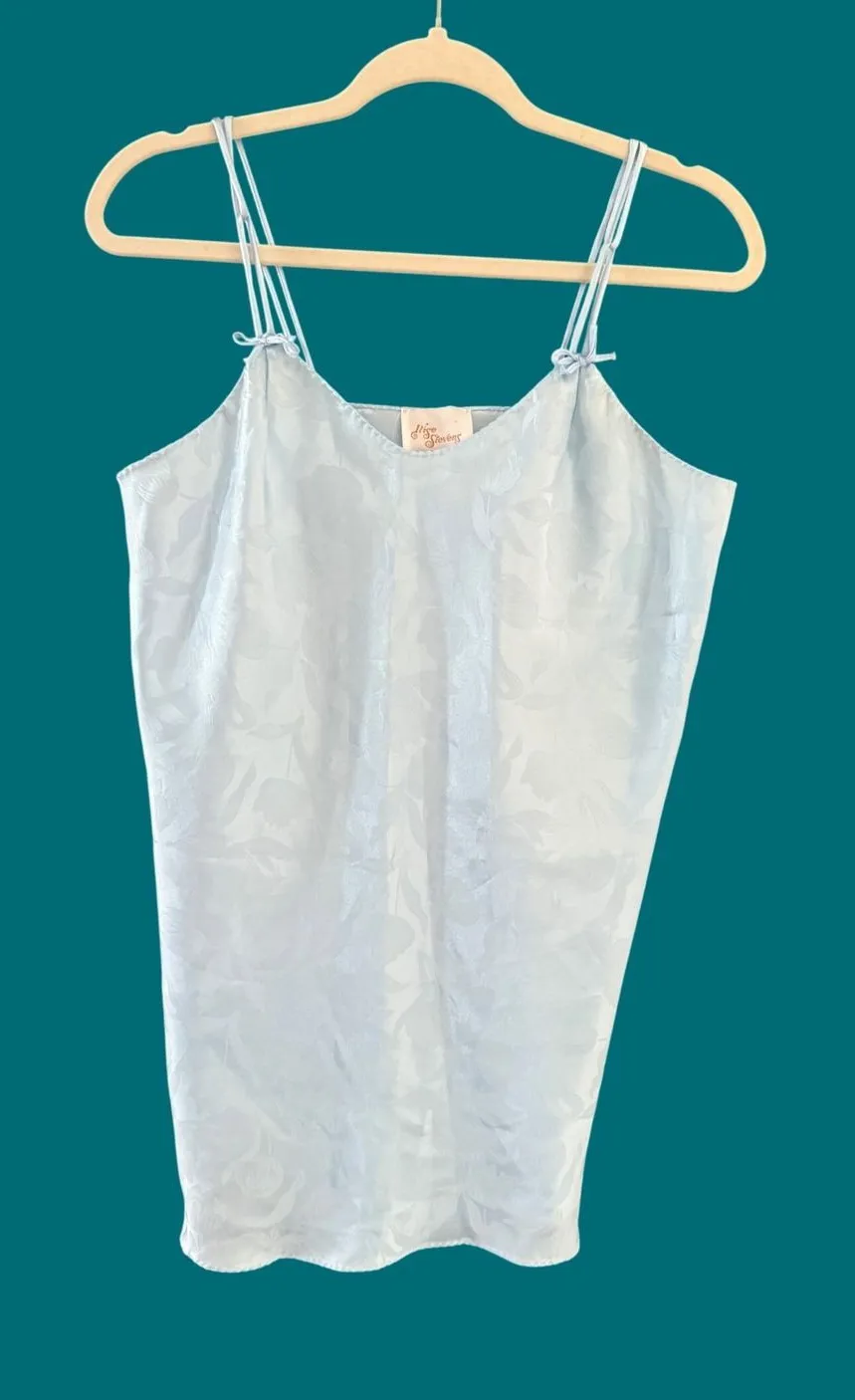 Miss Stevens Vintage Light Blue Floral Jacquard Satin Chemise Nightgown Bows