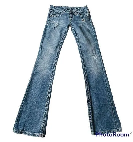 Miss Me Light Wash Blue Distressed Bootcut Rhinestone Cross Jeans Sz 26 - JP5101
