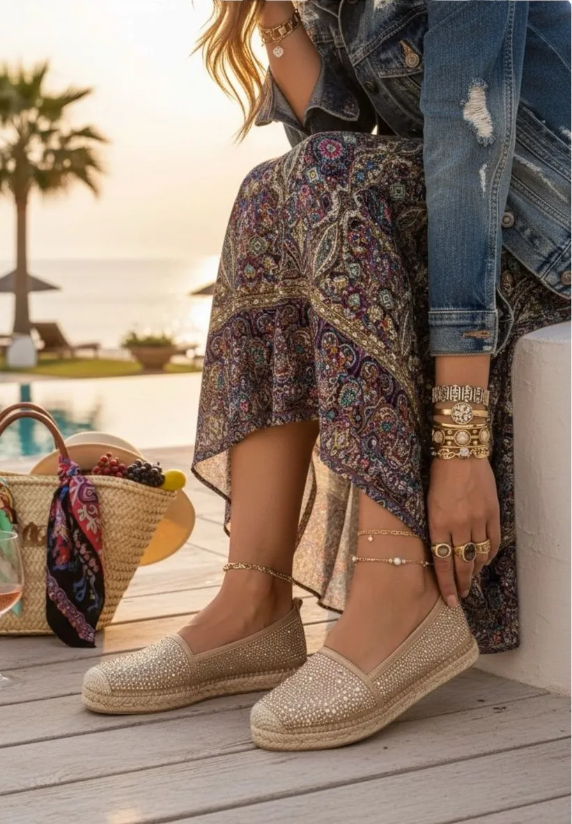 Stuart Weitzman ☀︎︎ Rockon Stud Flat Espadrilles ☀︎︎ Natural Gold Leather ☀︎︎ 9M