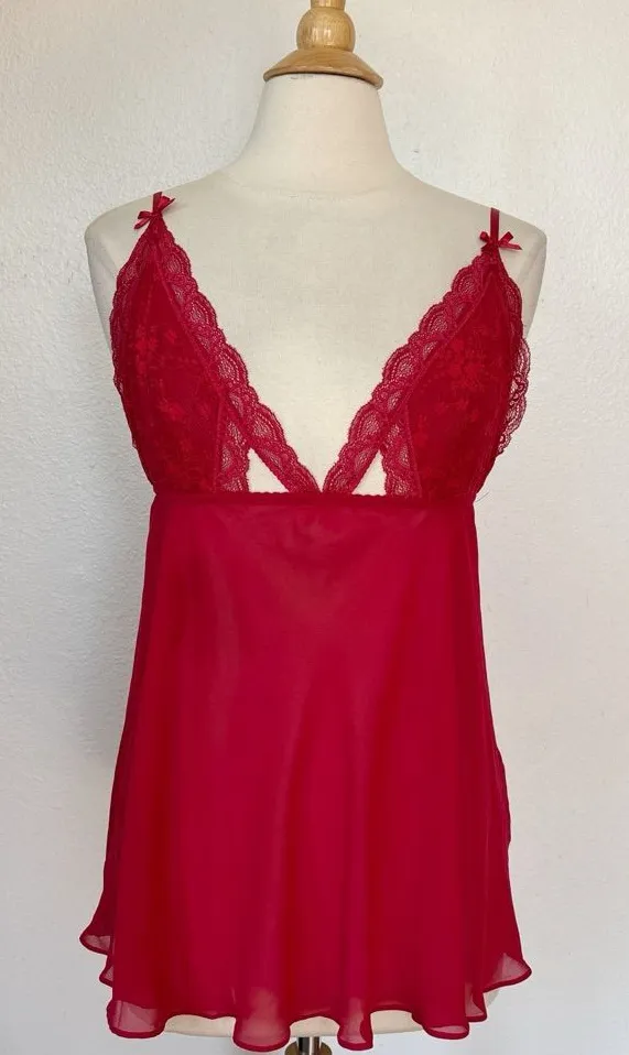 Ambrielle Solid Red Lace Chemise Size L