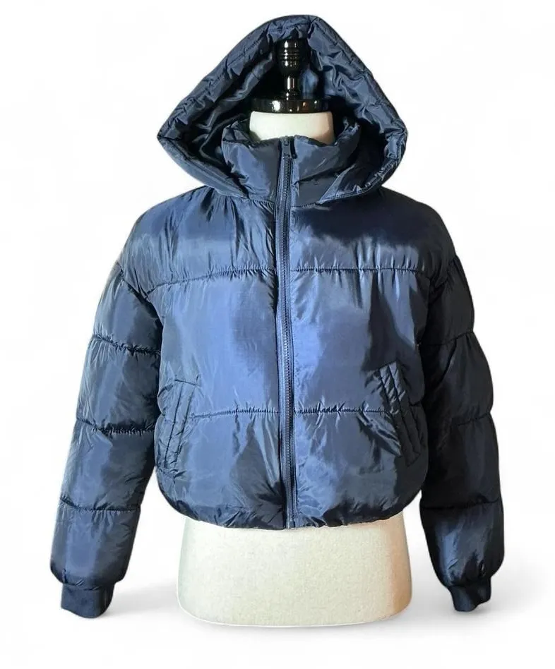 CISONO Navy Blue Puffer Jacket Hooded Cropped Zip Up Women's Size S