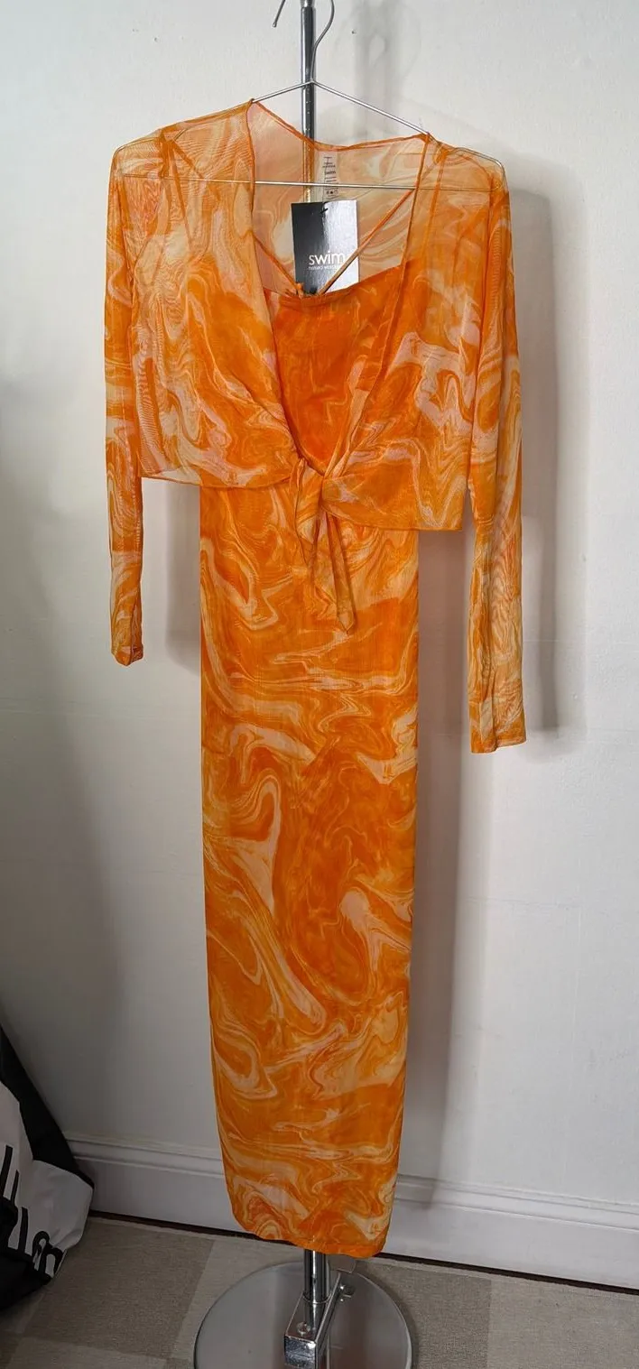 Naked Wardrobe Swim Orange Marble Mesh Maxi Dress and Tie Front Shrug Set XL NWT