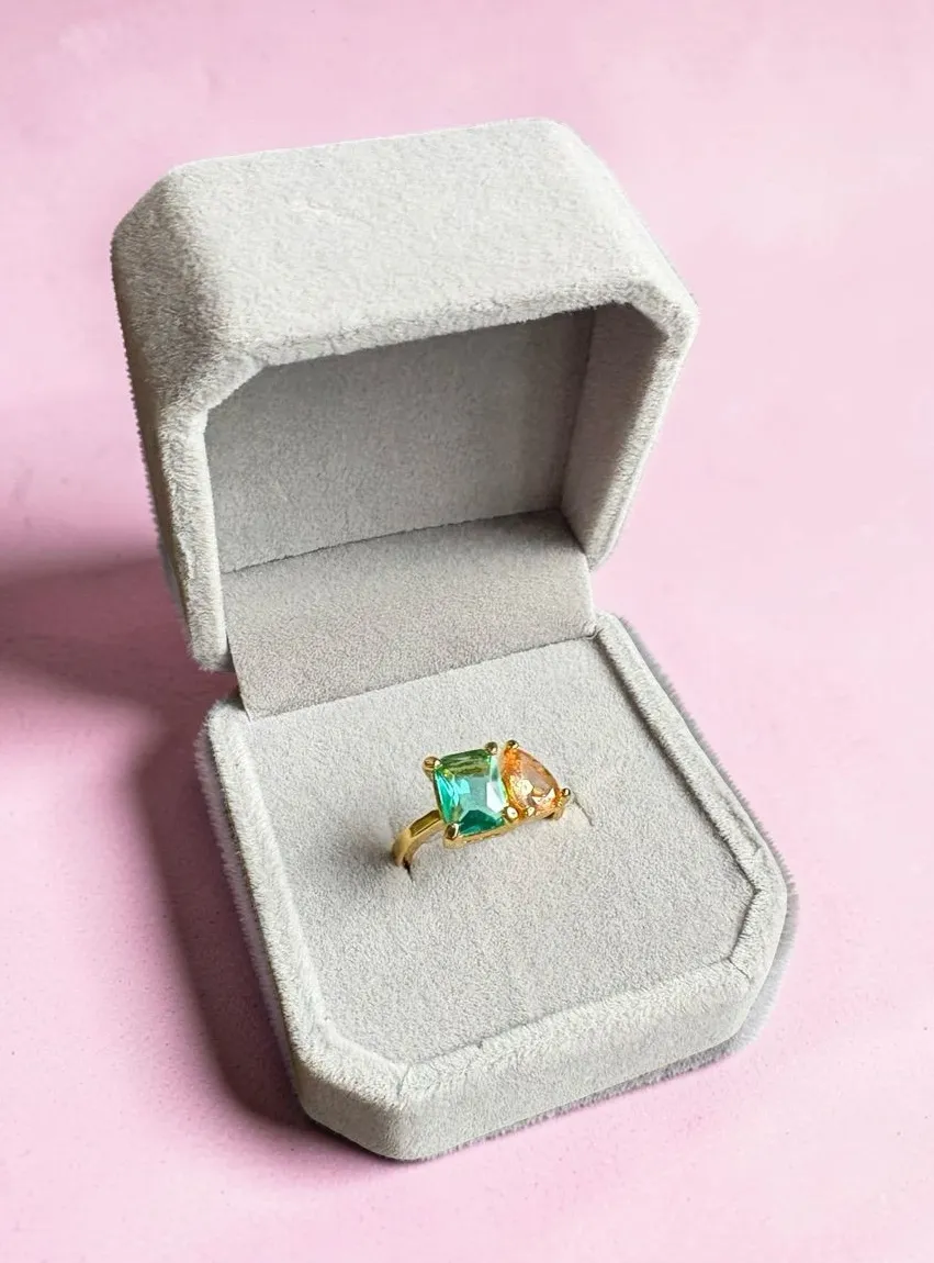 Gold Ring with Green and Peach Crystals