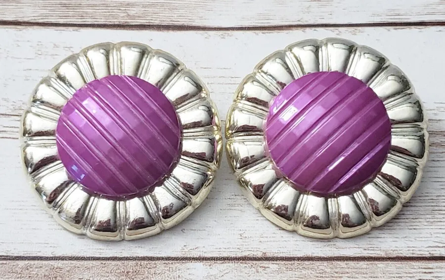 Vintage Clip On Earrings Large Statement Unusual Purple & Light Gold Tone 1.75"