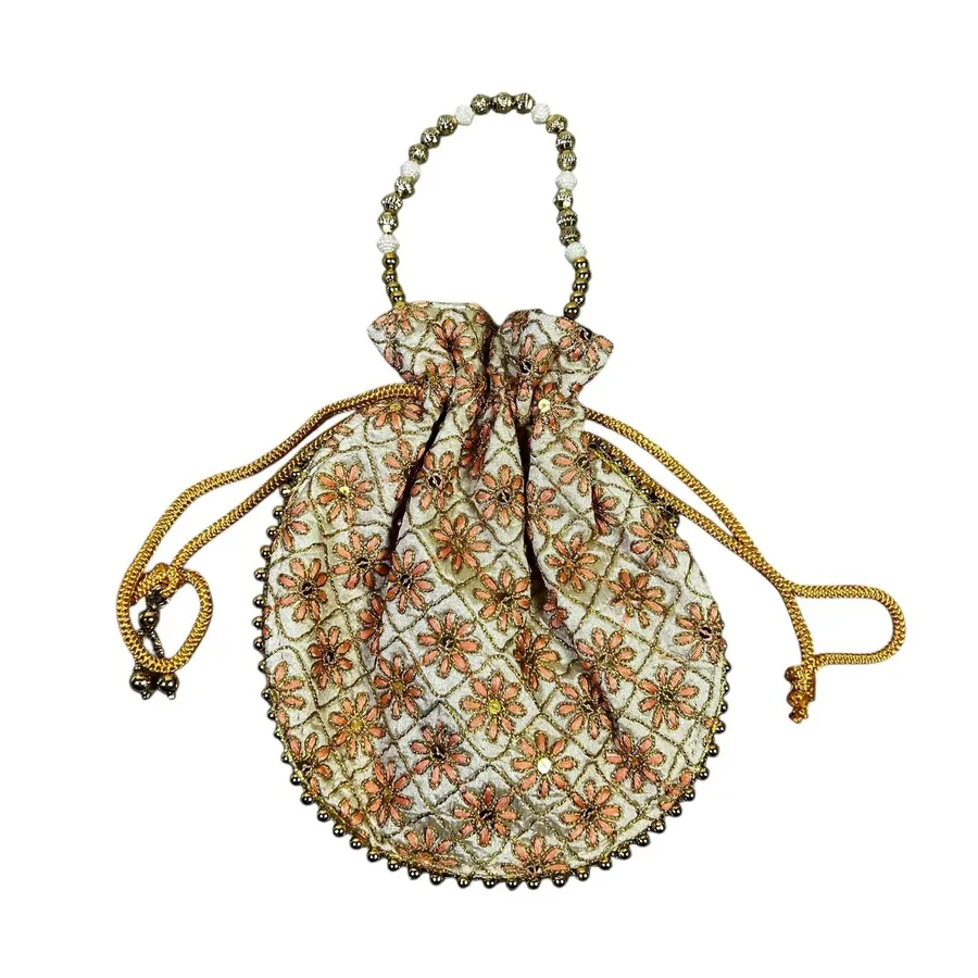 Designer Evening Clutch Beaded Handle Drawstring Pouch Bag Gold