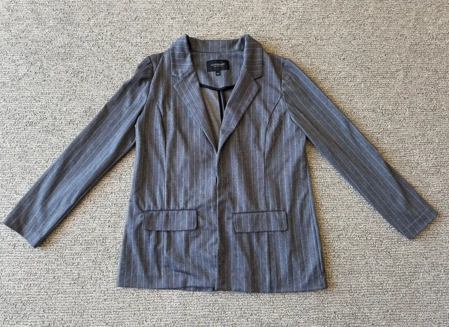 Liverpool Los Angeles Grey Pinstripe Open Front Blazer Jacket Womens Large L