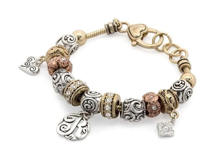 Three toned “R” initial charm bracelet Gold