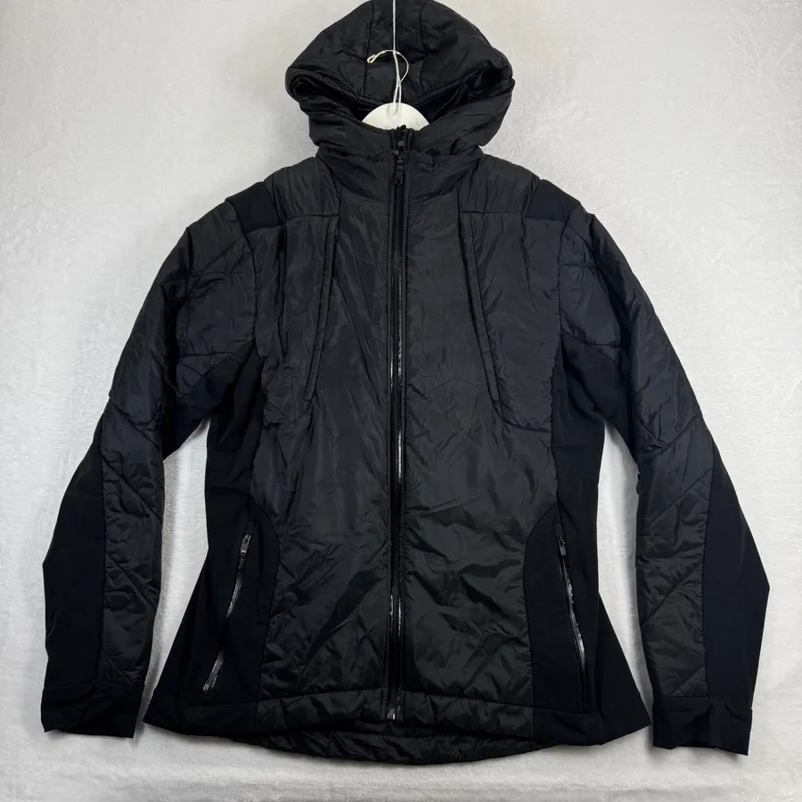 Lululemon Fluff the V Hooded Jacket Black Quilted Puffer Hybrid Full Zip Women L Size L
