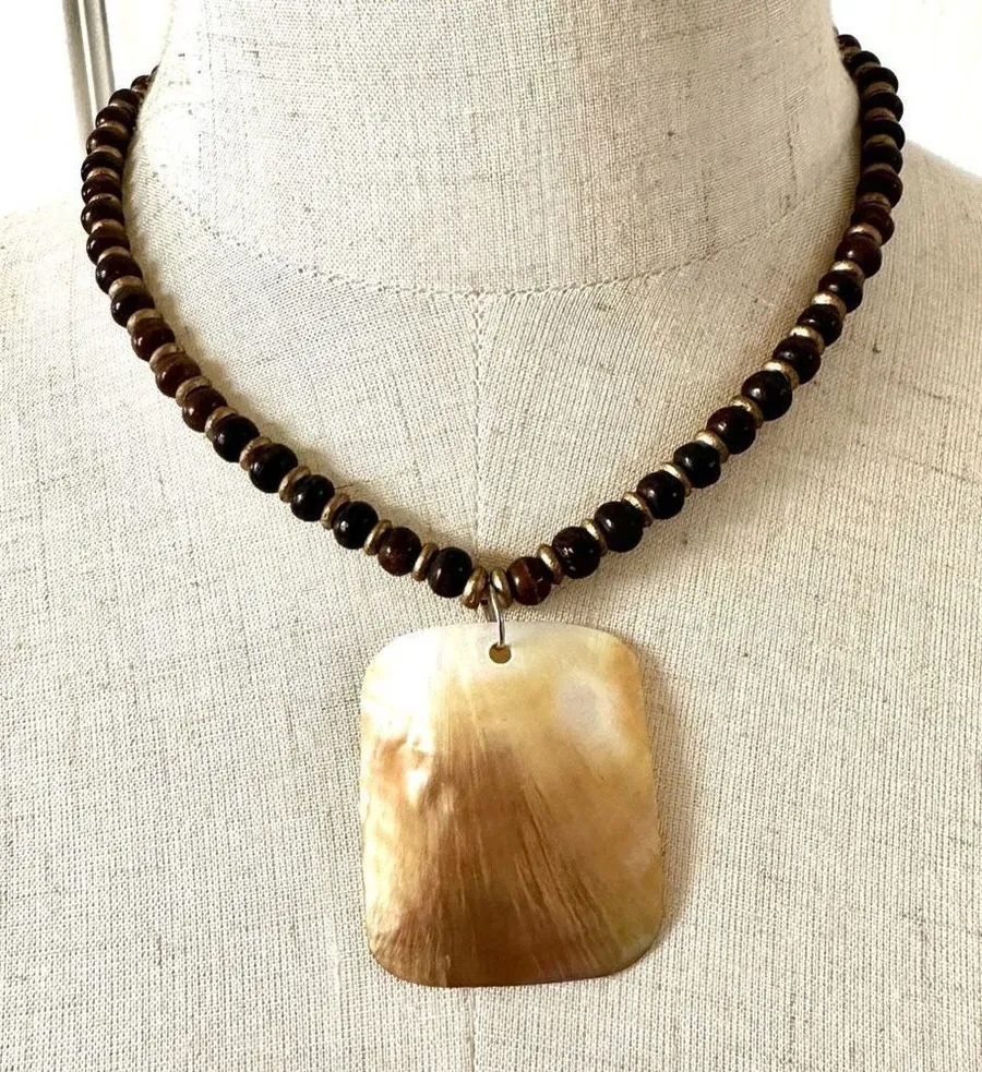 Brown beaded abalone pendant necklace