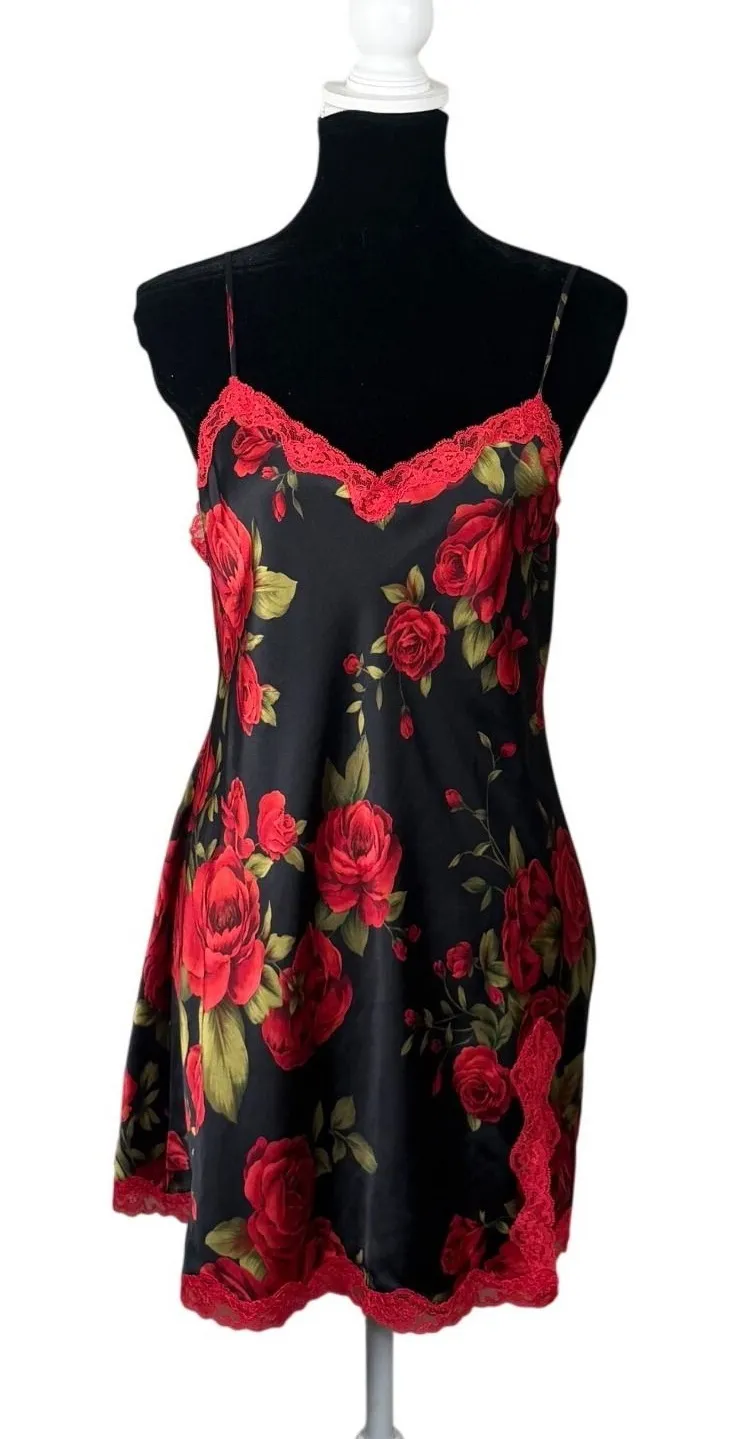 Vintage Y2K Victoria Secret Black Red Rose Floral Satin Lace Trim Slip Dress M