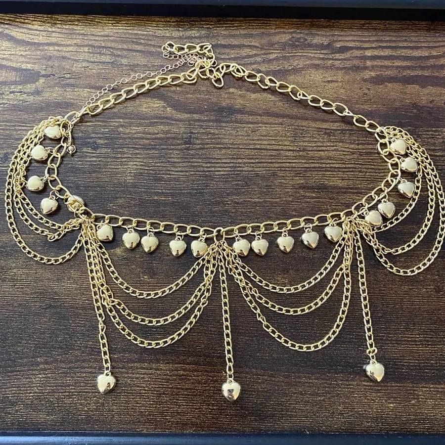 Gold Y2K Tiered Heart Charm Waist Chain Belt, Fits 22