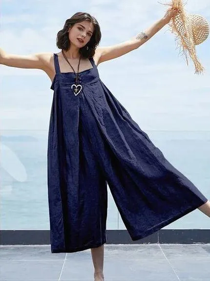 NEW Oversized Cotton Sleeveless Cotton Jumpsuit Adjustable Straps M Navy Blue Size M