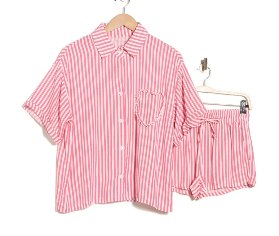Betsey Johnson Heart Patch Cabana Button Up Shirt & Shorts Cover-up Set