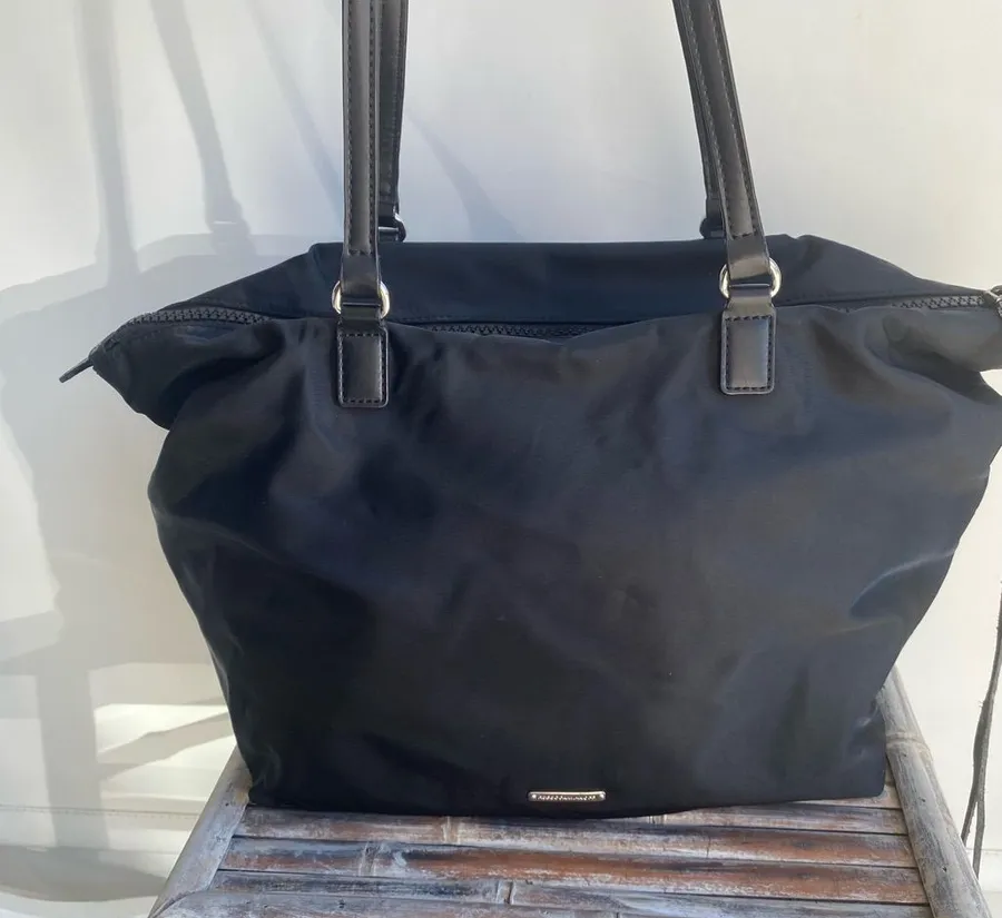 Rebecca Minkoff black nylon shoulder tote bag work office travel city minimalist