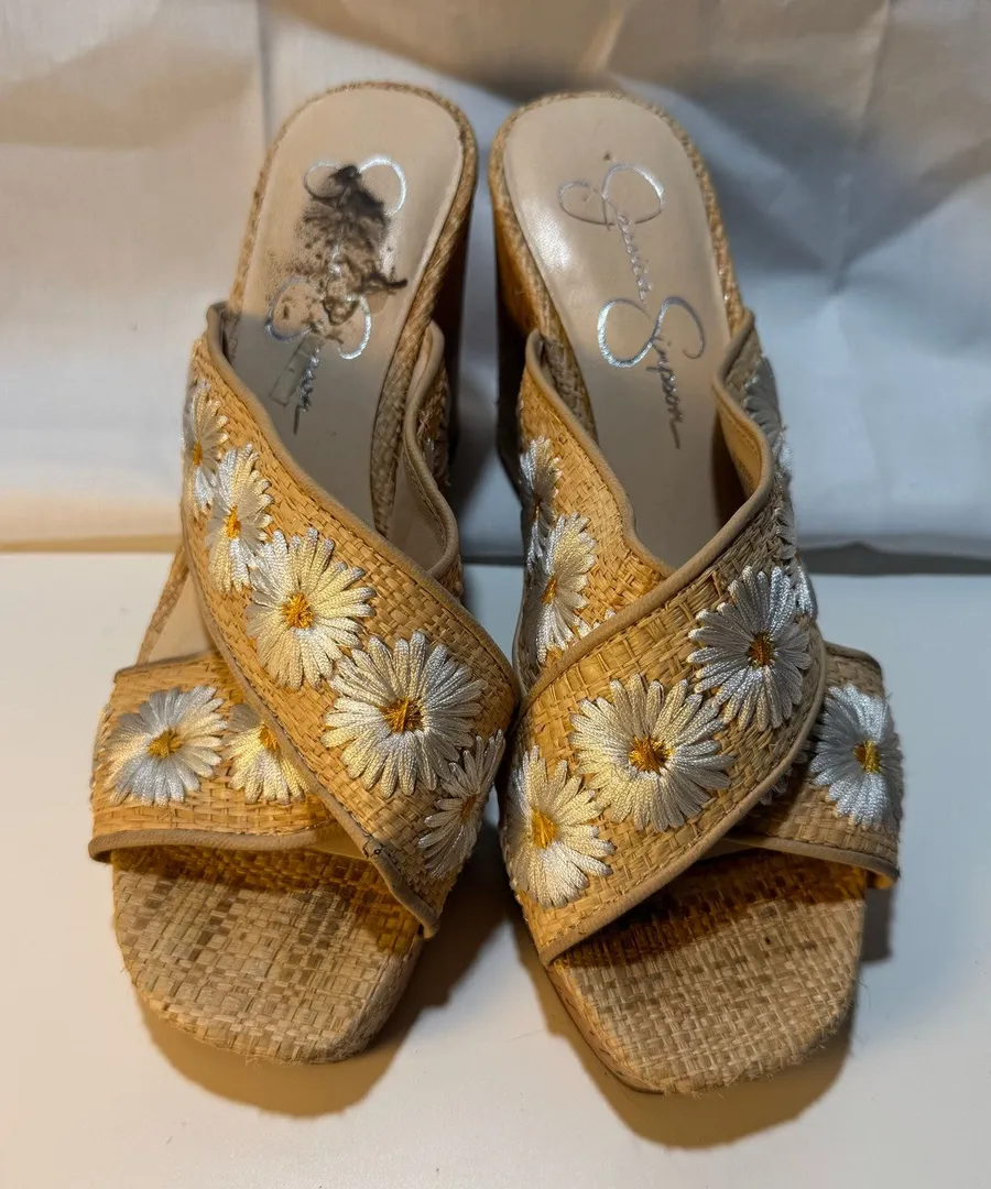Womens Jessica Simpson Size 6.5 EU 37 Tan Cork Daisy Wedges Slip On JS-Seena A2