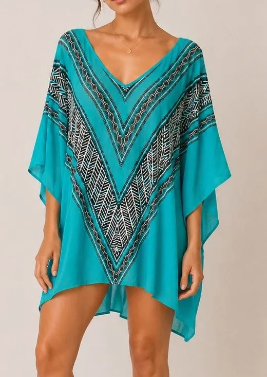 Vix Paula Hermanny Teal Oversized V-Neck Swim Cover Up Kaftan Resort Beach Tunic