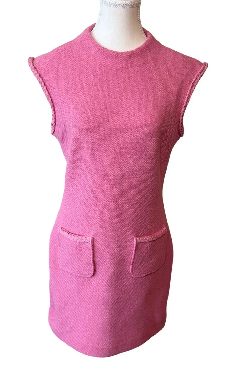 Maje Women Dress 38 Pink Braided Trim Mock Neck Sleeveless Tweed Shift Pocket