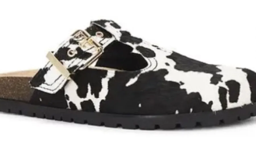 Steve Madden 'Atticus' Black & White Cow Print Calf Hair T-Strap Buckle Clogs