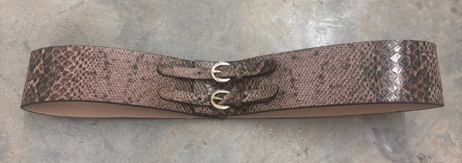 Vintage Y2K Vegan Snakeskin Wide Waist Belt Double Buckle Cinch Belt Large Brown