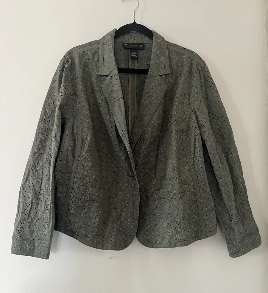 100% Cotton Olive Green Eyelet Blazer 18/20 Cottagecore Earthy Office Career
