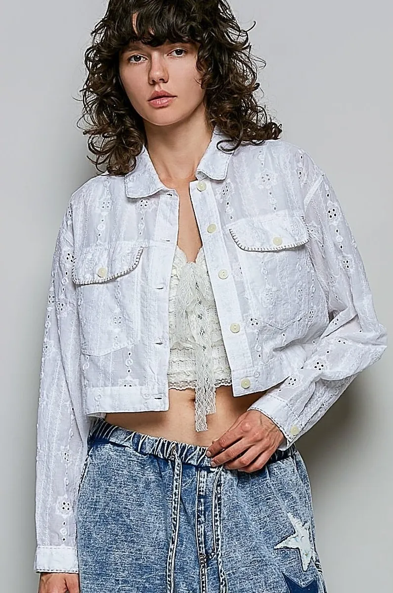 POL Eyelet Textured Cotton Cropped Button Front Jacket - Small