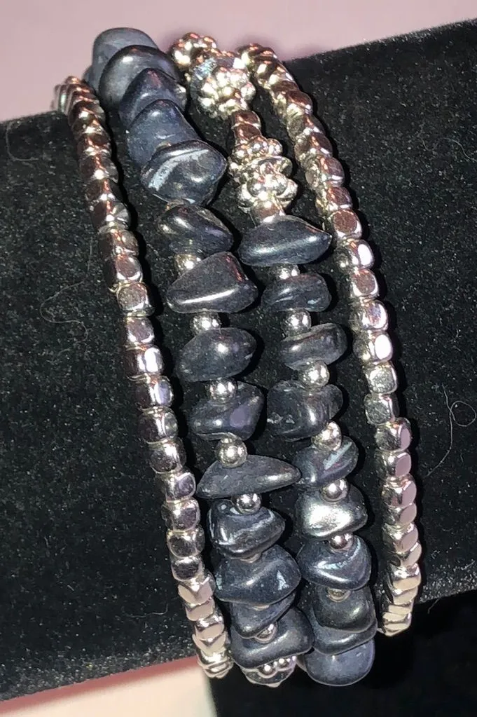 Silver Tone and Dark Blue Beaded Wrap Bracelet