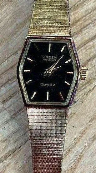 Gruen Precision Ladies Watch Vintage Gold Tone Adjustable Bracelet Black Dial