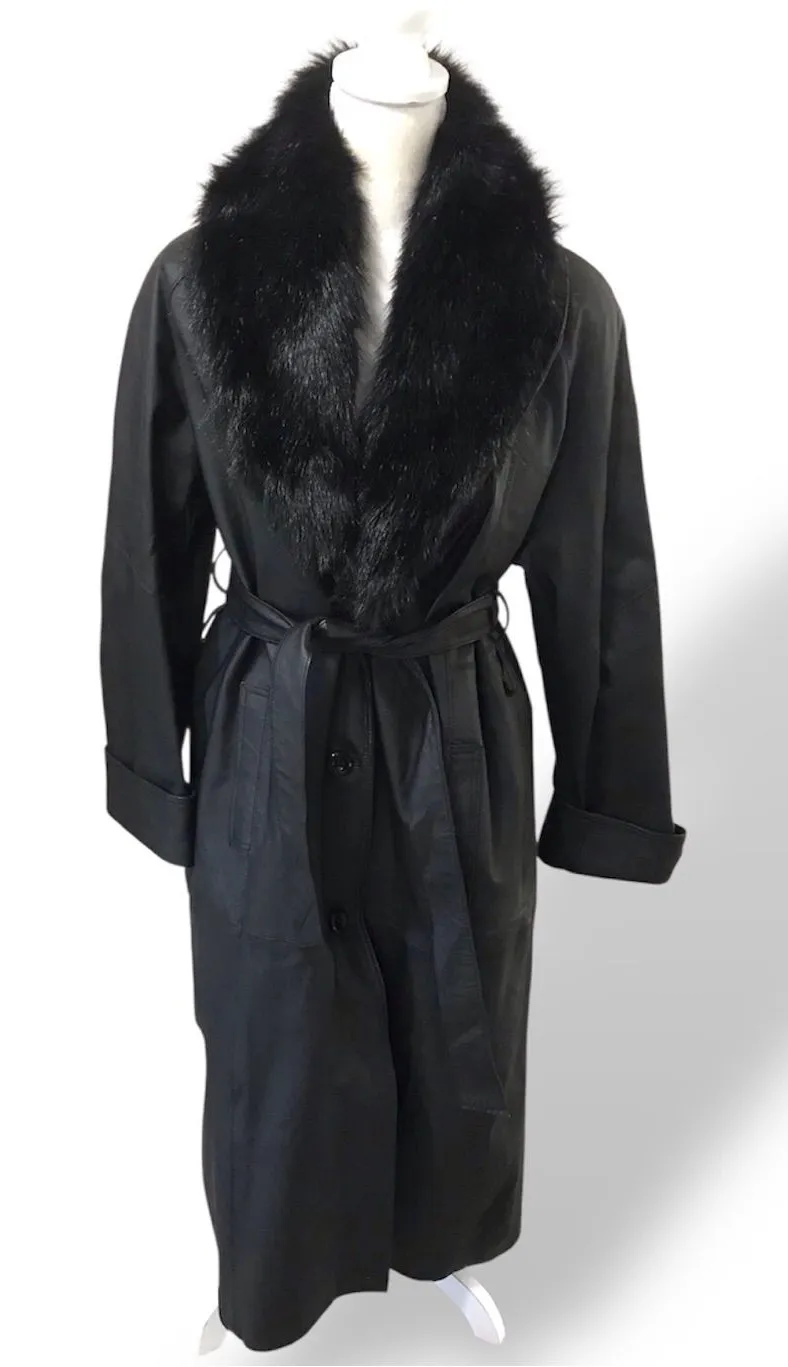 NWT Black Faux-Fur Collar Leather Trench Coat
